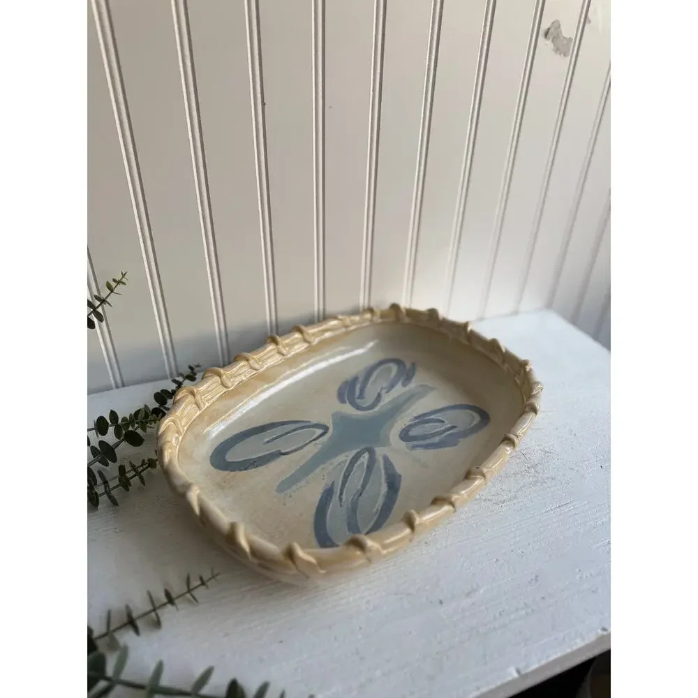 Handmade Ceramic Basket-Weave Tray | Artist Signed Pottery Blue Abstract Motif